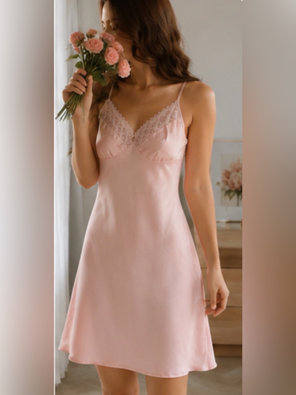 Silksilky 100% Silk Blush Pink Lace Trim Slip Nightgown size L